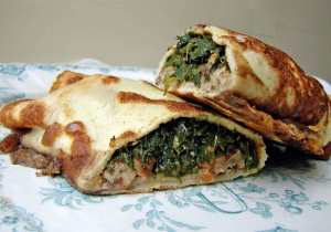 Spinach, tart cherry and gjetost crepes